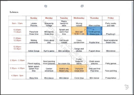 'Mini Club - Lobsters' schedule for the week of Madeleine's stay: Processo Volume IV, page 873