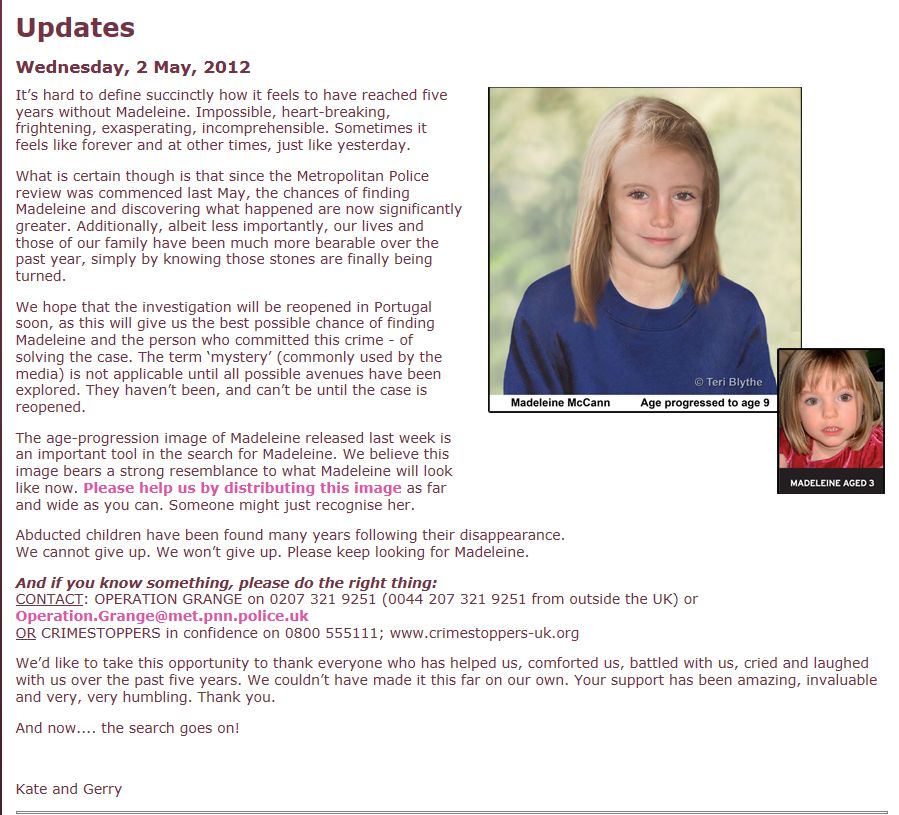 Find Madeleine site update Day 1827 3 May 2012 Update3512