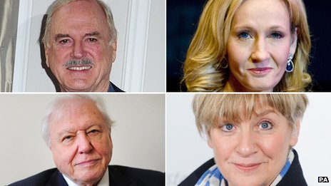 John Cleese, Sir David Attenborough, JK Rowling, and Victoria Wood 