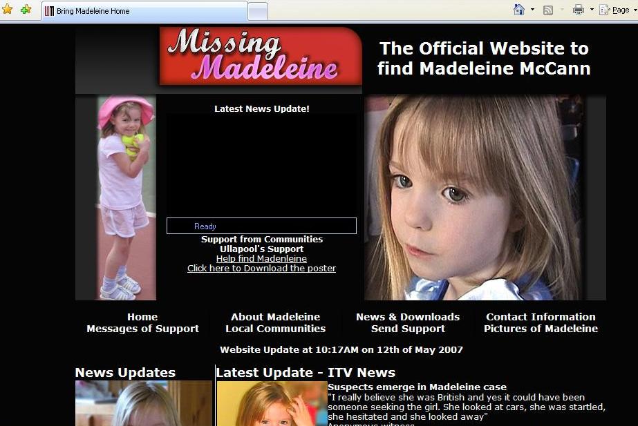 'bringmadeleinehome.com' screenshot, 15 May 2007