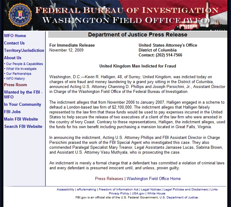 FBI: Department of Justice Press Release